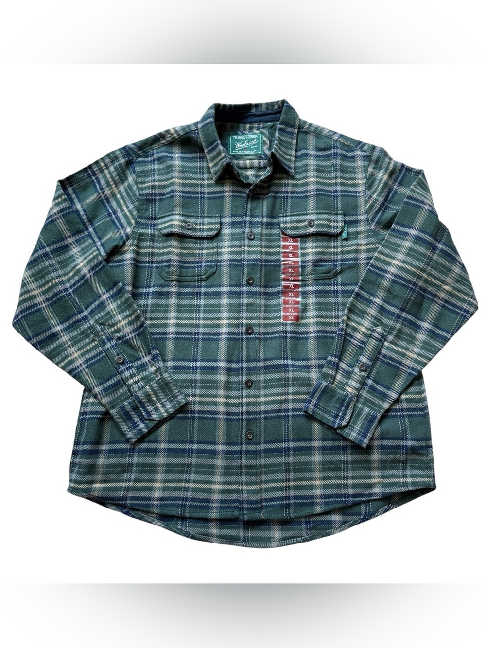 Woolrich Green Blue Plaid Flannel Button Front Shirt Heavyweight Cotton XL NWT